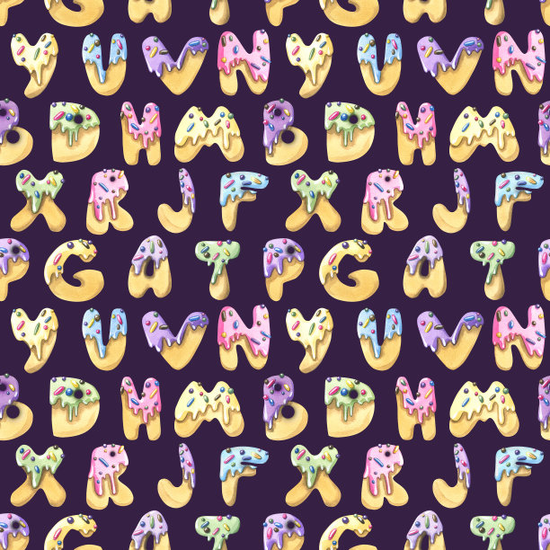 甜蜜的字母饼干在糖霜与糖果撒在一个黑暗的背景。水彩插图。无缝模式从一套大冰淇淋。用于织物、纺织品、包装纸。图片下载