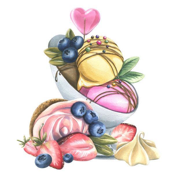 冰淇淋装在碗里，配上心形棒棒糖、蛋糕、草莓和蓝莓。水彩插图。大套冰淇淋和糖果的组成。用于装饰和设计。图片下载