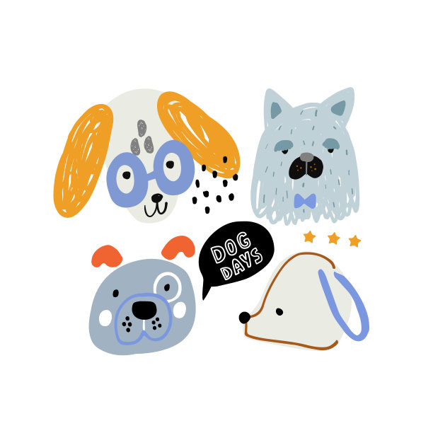 卡通狗的脸幼稚的印刷。有趣的手绘4只狗孤立在白色。矢量图图片下载