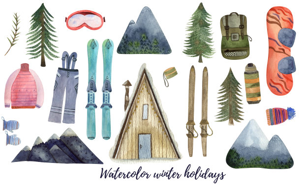 水彩画大套山区寒假。冬季假期活动。孤立在白色背景上。伟大的不同的印刷，广告，促销，设计，打印在一个大的分辨率图片下载