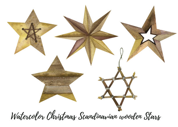 水彩大套圣诞木制斯堪的纳维亚装饰。孤立在白色背景上。伟大的不同的印刷，广告，促销，设计，打印在一个大的分辨率图片下载