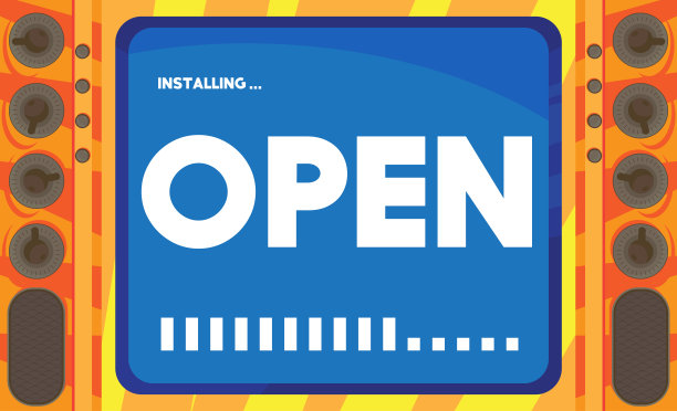 印有“打开”字样的卡通电脑。显示安装窗口的屏幕消息。图片下载