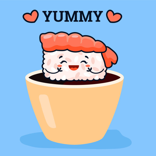 寿司卡或日本餐厅海报与可爱卡哇伊寿司卷，矢量。图片下载