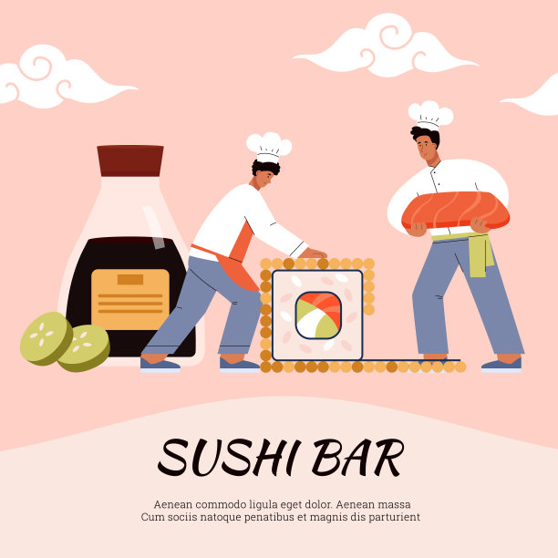 寿司吧横幅或海报与卡通小寿司厨师平面矢量插图。图片下载