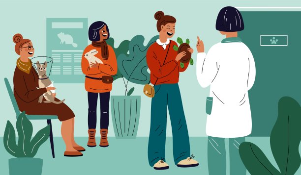 兽医接待。兽医诊所挂号台。主人和宠物。等待队列。兽医任命。卫生保健。人与动物。医院大厅。花哨的向量概念图片下载