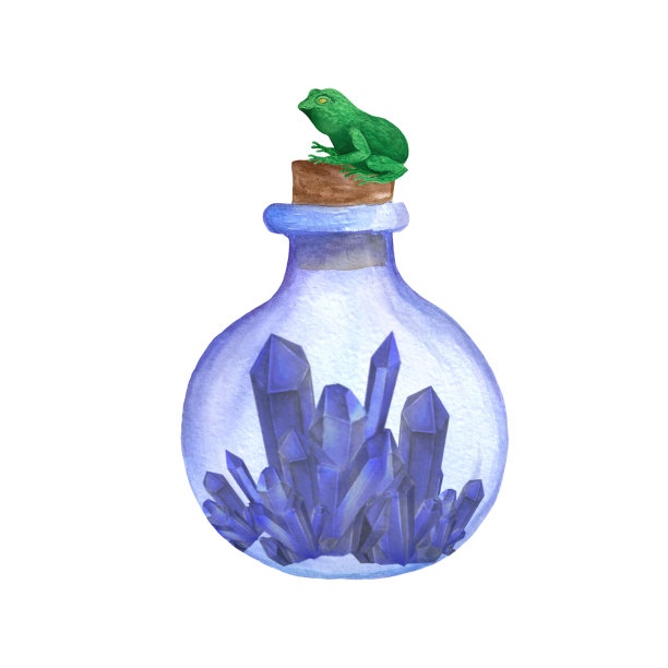 水彩插图蟾蜍在一个神奇的瓶子与水晶隔离在一个白色的背景。贴纸、卡片、请帖、t恤的插图。图片下载