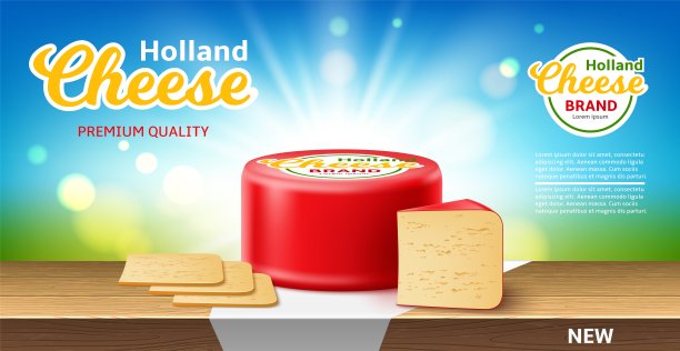 现实的奶酪的海报。荷兰奶酪，整个圈在红色蜡包装，片和片在木桌上，美食奶油牛奶产品，宣传横幅与标志和复制空间，完全矢量概念图片下载