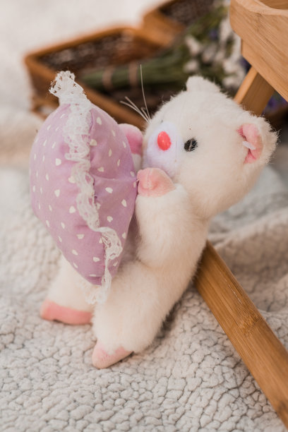 一个带着紫色心的白色小泰迪熊图片下载