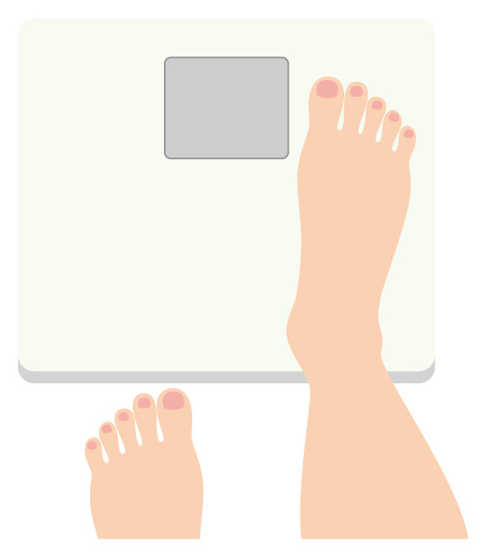 一个人在秤上称自己的脚。美丽的赤脚和健康仪表。插图。向量。图片下载