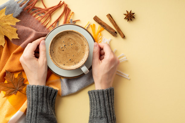秋天的概念。第一人称俯视图照片的女性手在毛衣拿杯泡泡水喝格纹肉桂棒八角和黄色枫叶在孤立的米色背景图片下载