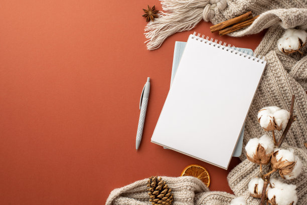 冬天的概念。俯视图照片开放规划师针织围巾钢笔干橙片松果八角肉桂棒和棉花枝上孤立的棕色背景与copyspace图片下载