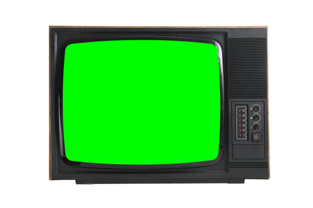 70年代老式电视，绿色屏幕，用于添加视频隔离在白色背景上。老式电视，60年代，70年代，80年代，90年代，2000年代。图片下载