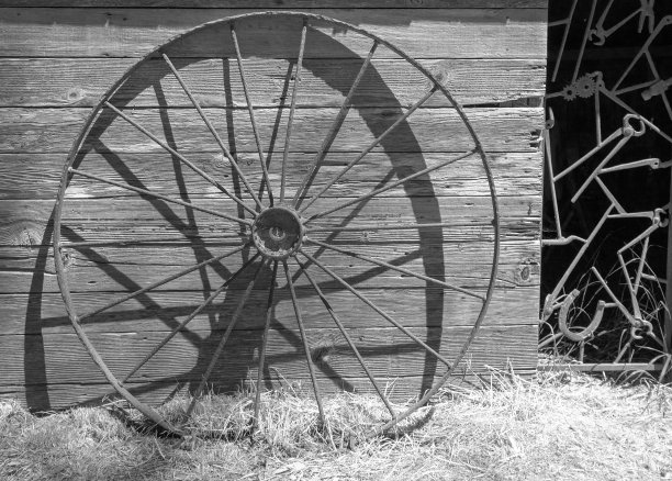 在美国加利福尼亚州圣巴巴拉附近的海峡群岛国家公园的圣克鲁斯岛，废弃工具棚前生锈的铁轮的黑白照片图片下载