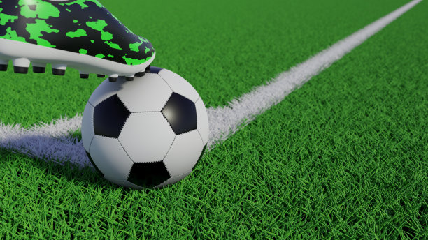 三维渲染的足球在足球场草坪的边缘被足球靴停止。图片下载