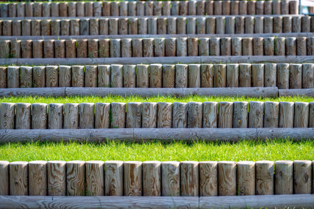 公园斜坡上一排排的木桩做成的台阶图片下载