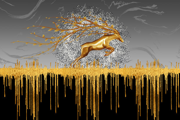 黑灰背景的金鹿。金色的装饰线和圆点。用于家居装饰的3d数字艺术图片下载