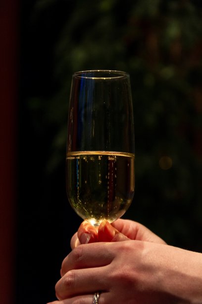 在一个庆祝派对上，一个女人手里拿着一杯闪闪发光的香槟，手指上戴着戒指。图片下载