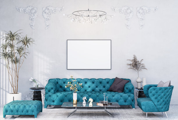 在现代室内装饰齐全的房间里模拟海报框架图片下载