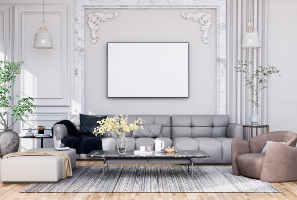 在现代室内装饰齐全的房间里模拟海报框架图片下载