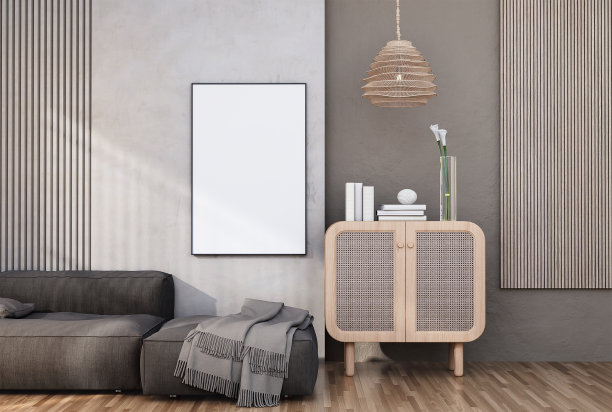 在现代室内装饰齐全的房间里模拟海报框架图片下载