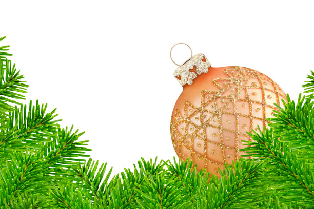 圣诞装饰，冷杉树枝和球孤立在白色背景图片下载