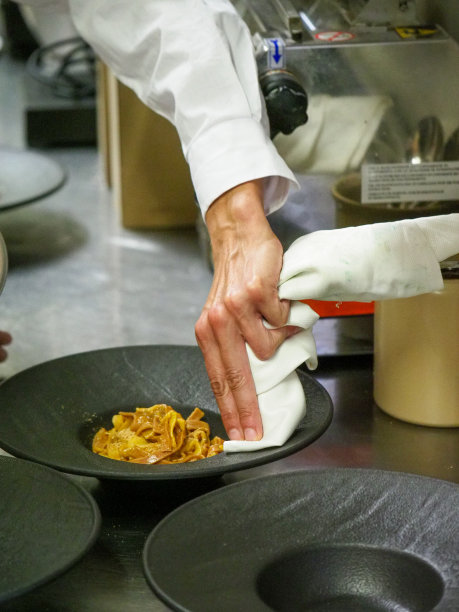 厨师将意大利宽面酱面食放入质朴的菜肴中，浇上帕尔马干酪图片下载