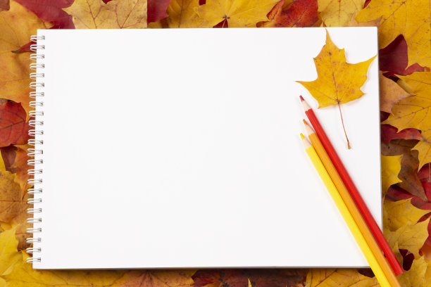 秋天的成分。打开白色空白螺旋写生簿和彩色铅笔彩色秋枫叶的背景。顶视图，复制空间的文本图片下载