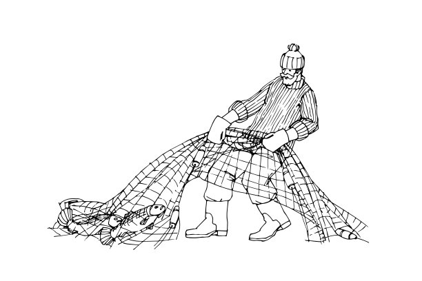 拉着塞纳的渔夫。渔业。黑色墨水。图片下载