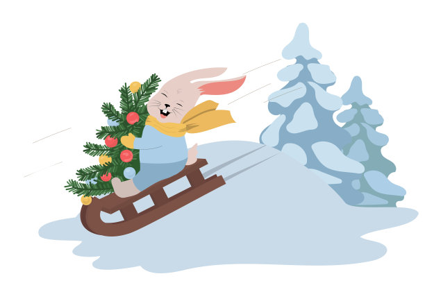 快乐的兔子坐在有圣诞树的雪橇上图片下载