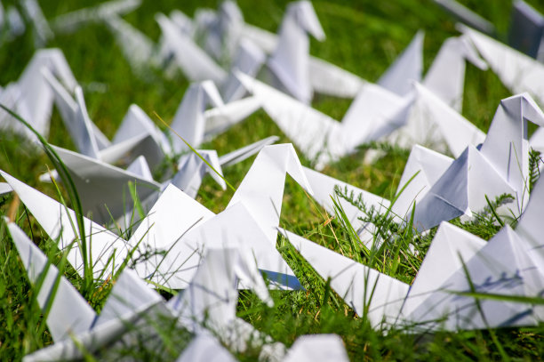日本1000折折纸鹤在新鲜的草地上图片下载