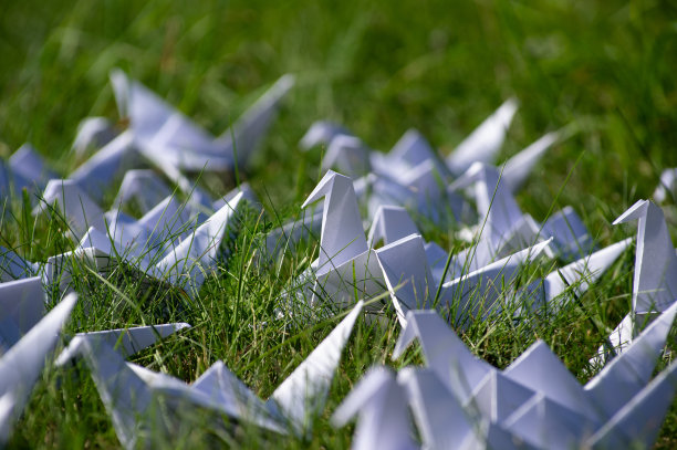 日本1000折折纸鹤在新鲜的草地上图片下载