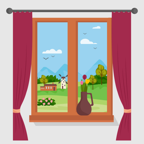 从窗口看到的乡村风景。村舍和磨坊，树，花和山。图片下载