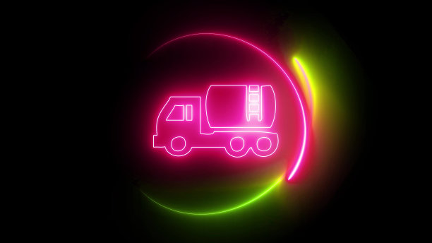 粉色和蓝色发光的霓虹灯线油罐车图标孤立在黑色背景。抽象的插图背景。图片下载