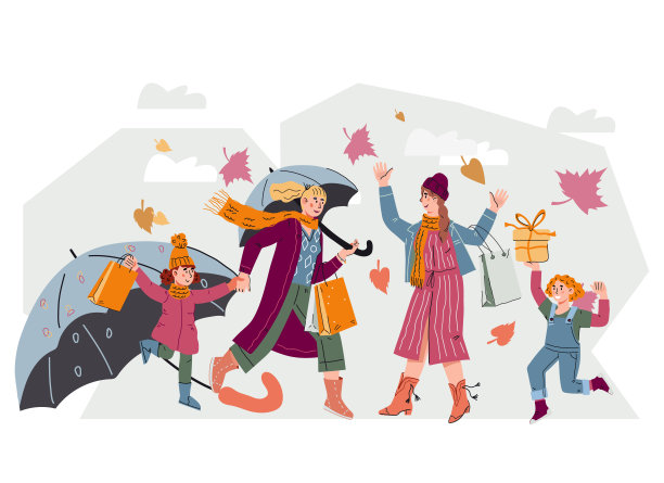 妇女和儿童在秋天散步和购物，卡通矢量。图片下载