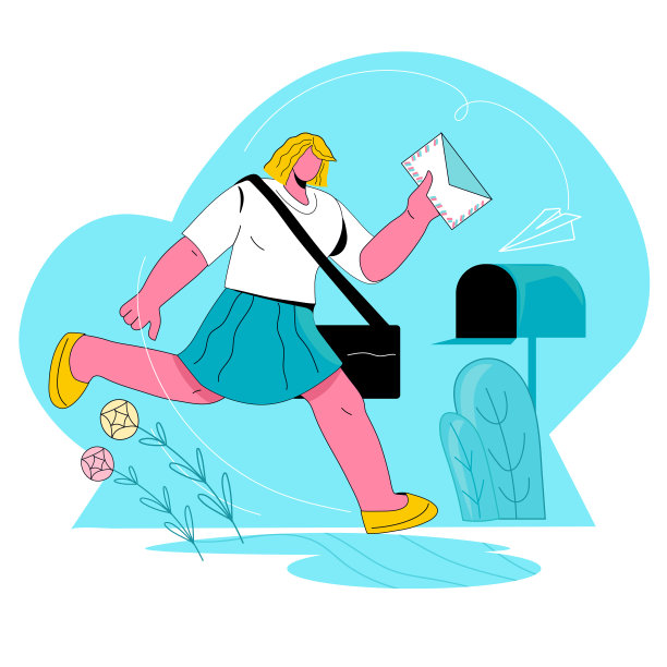 邮件服务和电子邮件的概念与女人奔向邮箱的平矢隔离。图片下载