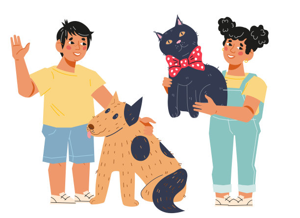 可爱的孩子与可爱的狗和猫宠物，平面矢量矢量孤立的插图。图片下载