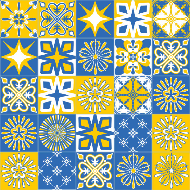 墙面和地板用瓷砖装饰，蓝黄白颜色，对称插画图片下载