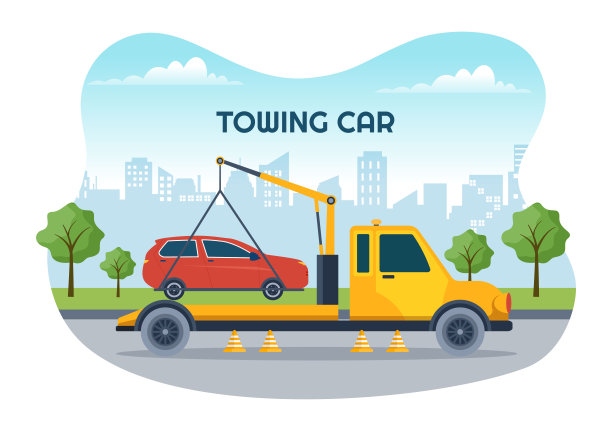 自动拖车使用卡车与路边援助服务模板手绘卡通平面背景插图图片下载