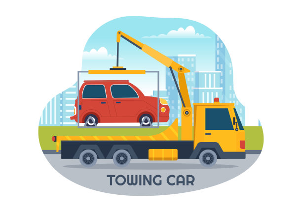 自动拖车使用卡车与路边援助服务模板手绘卡通平面背景插图图片下载