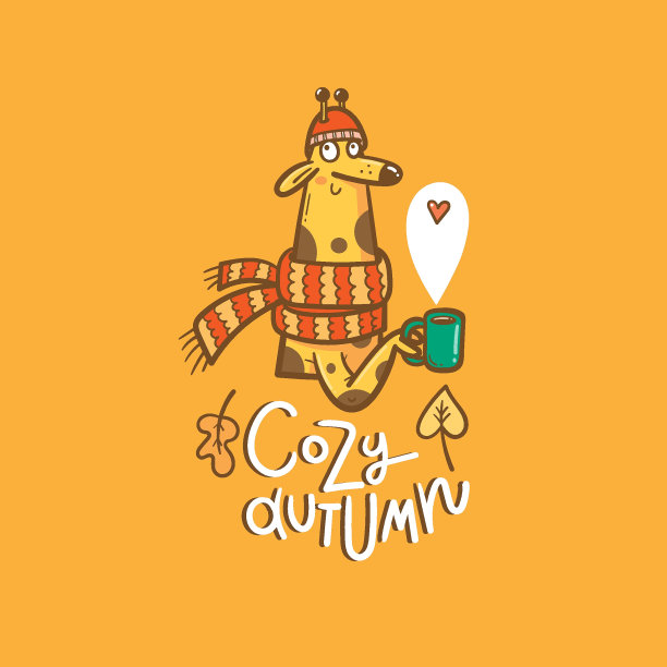 秋天卡片上有可爱的卡通长颈鹿和一杯茶。有趣的动物和热饮。矢量轮廓彩色图像。图片下载