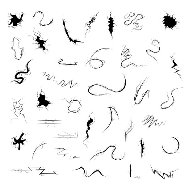 集合黑色简单线裂缝，损坏，洞，地震，破坏涂鸦轮廓自然元素矢量设计风格草图孤立的插图图片下载