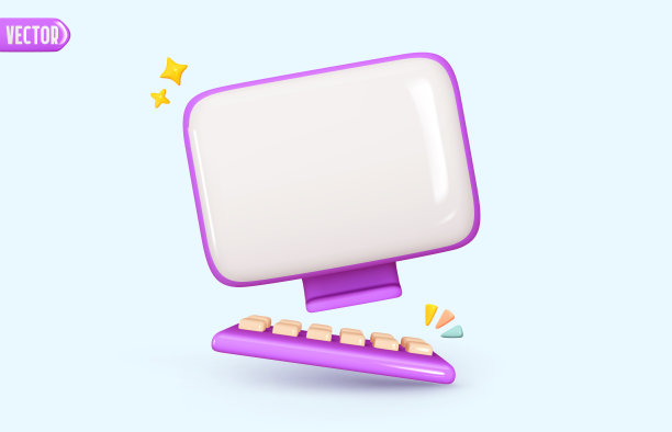 模拟带有键盘的台式电脑。白屏设备样机干净空白监视器。创意概念的想法。逼真的3d设计图标卡通风格。矢量图图片下载