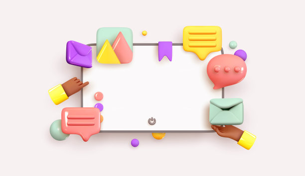 桌面监控计算机。创意理念，逼真的3d设计。与社交媒体沟通。社交网络的信息。音量图标，消息和电子邮件，手显示。矢量图图片下载