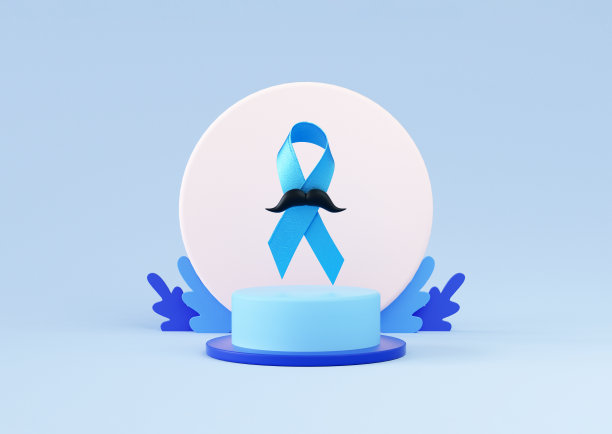 蓝色丝带与胡子在一个立场和复制空间隔离在一个蓝色背景前列腺癌意识月和胡子月横幅背景在3D渲染图片下载