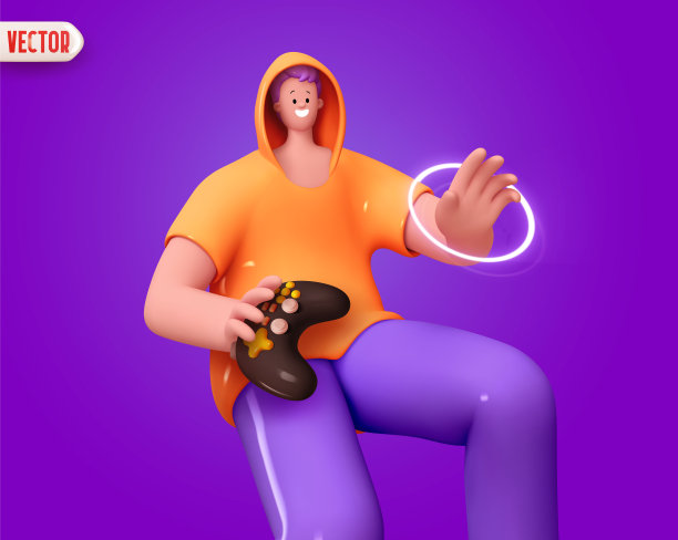 Man Gamer手握游戏机手柄。卡通风格的人物与游戏操纵杆。快乐的人有积极的情绪。人类幸福的笑容在脸上。现实的三维设计。矢量图图片下载