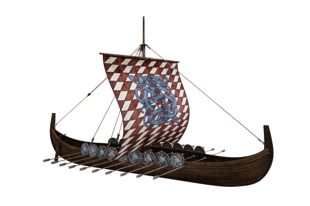 中世纪维京人的木制长船销售船。3D插图孤立在白色背景。图片下载