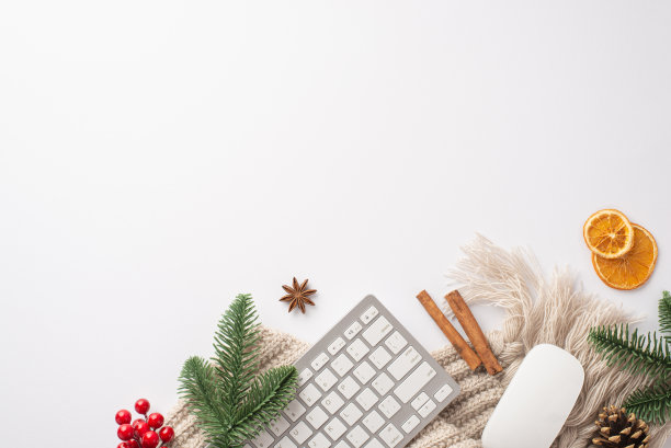 圣诞节的概念。俯视图照片键盘电脑鼠标松果杉树树枝肉桂棒槲寄生干柑橘片舒适针织格纹上孤立的白色背景与空白图片下载