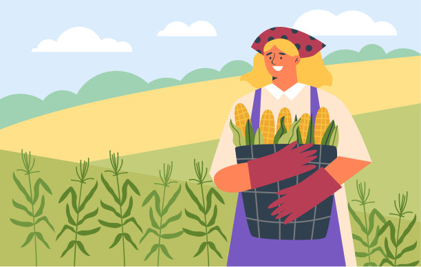 面带微笑的女人戴着手套，拿着玉米篮子，背景是平坦的田野风格图片下载