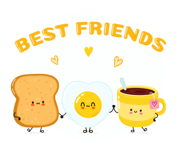 可爱的快乐吐司茶和煎蛋卡。矢量手绘涂鸦风格卡通人物插画图标设计。快乐吐司杯茶和煎蛋朋友概念卡图片下载