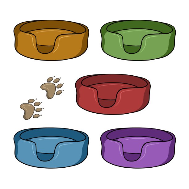 一套彩色图标，柔软的狗窝，舒适的软躺椅，卡通向量图片下载